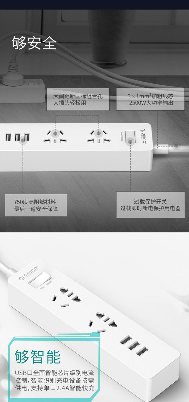 奥睿科（ORICO） 插座USB智能桌面插线板旅行排插拖线板 XCS-4A3U 白色