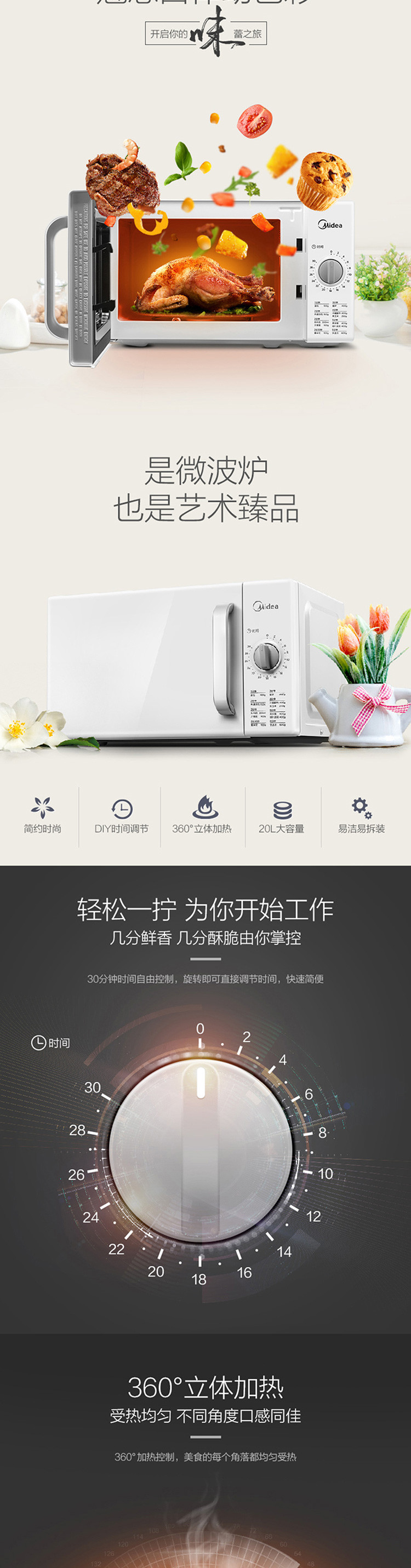 美的/MIDEA 家用微波炉 转盘加热 20升 家用小型M100 白色