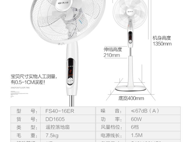 先锋 电风扇十叶柔风遥控落地扇飓风FS40-16ER家用静音电扇DD1605