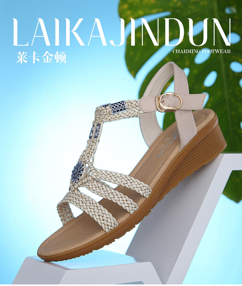 莱卡金顿6062夏季新款露趾坡跟女凉鞋波西米亚编织清爽休闲女鞋子