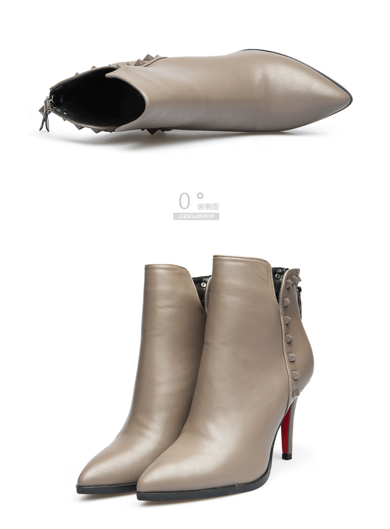莱卡金顿 1885秋季新款尖头纯色女靴子柳钉细跟女短靴 防水台女鞋
