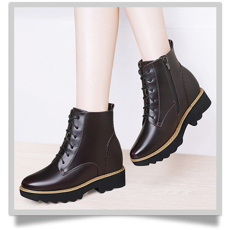 百年纪念1570内增高短靴女冬季新款韩版百搭粗跟系带单靴中跟女士马丁靴