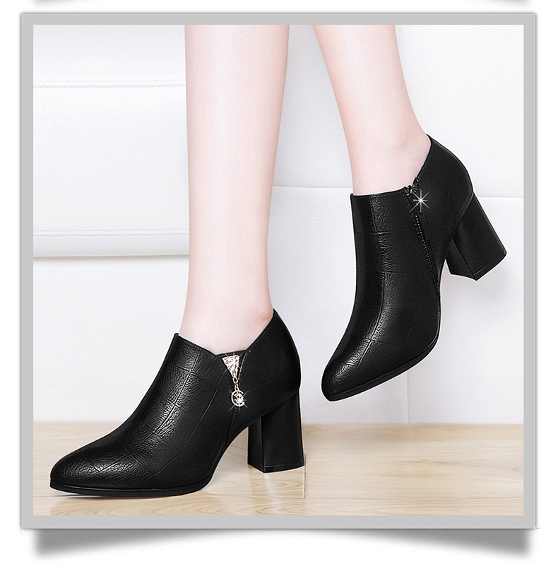 百年纪念1616女鞋黑色粗跟高跟鞋女新款中跟百搭单鞋韩版时尚皮鞋