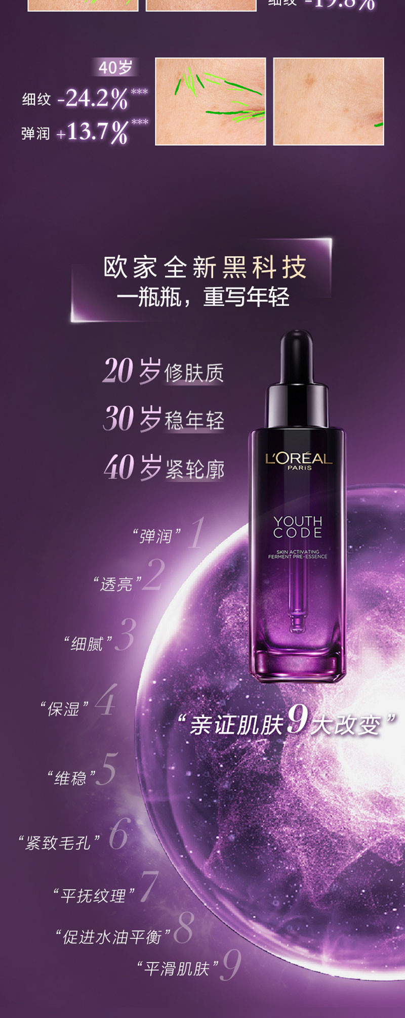  欧莱雅 (LOREAL)全新第三代黑精华青春密码酵素精华肌底液50ml女士面部精华修护补水生日礼物