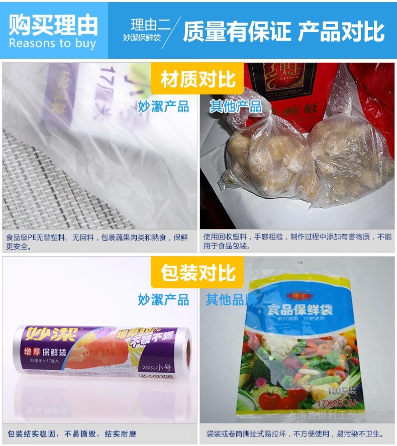 妙洁一次性点断式小号蔬菜保鲜袋食品袋冰箱微波炉专用 250只装 25*17  30011 ☆