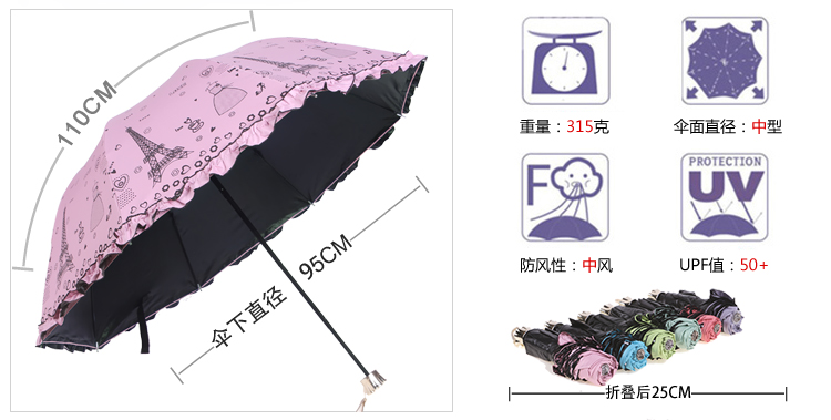 黑胶防晒遮阳伞晴雨两用公主伞加厚优质黑胶折叠三折晴雨伞【全国包邮】【新款】