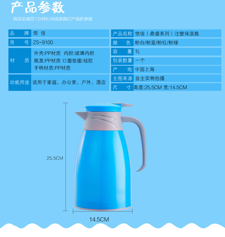 鼎盛家用保温壶 双层玻璃内胆保温热水壶   暖水壶1.0L