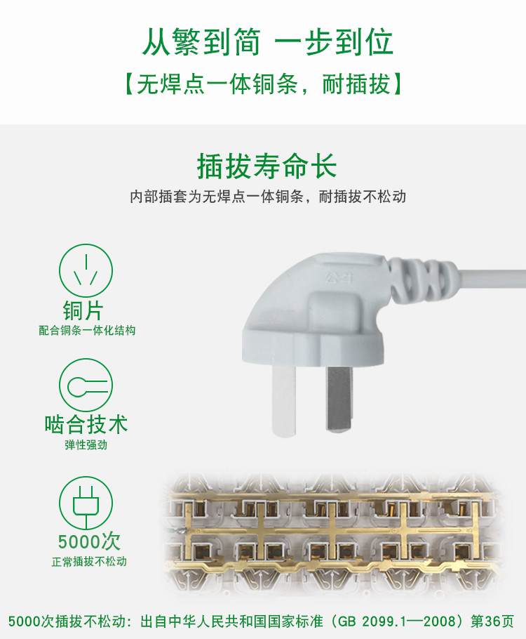 公牛家用插座 接线板 过载保护6孔  独立开关