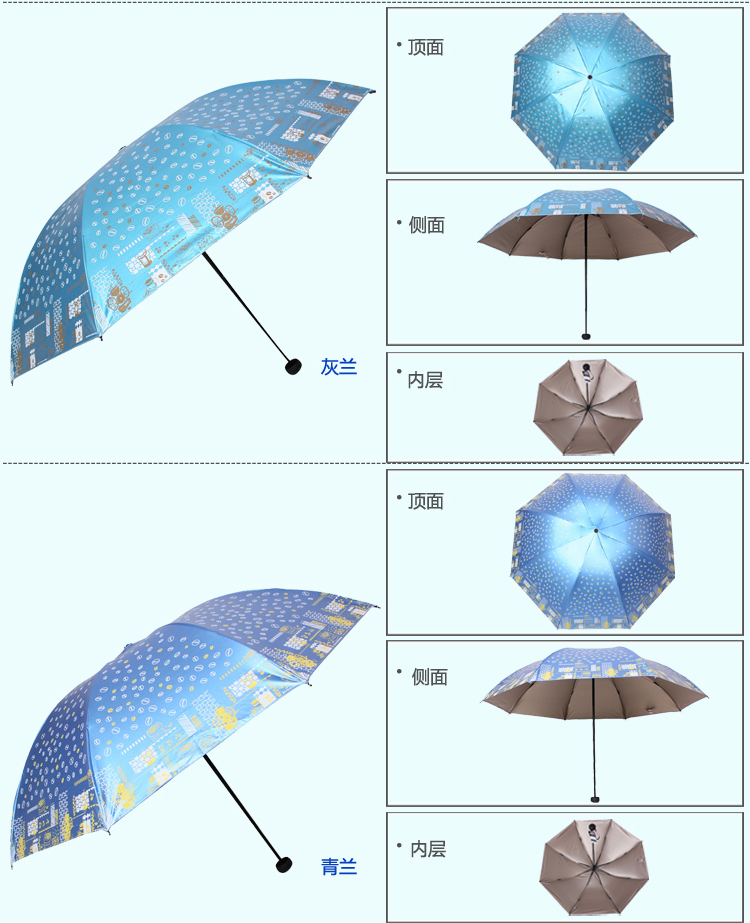 天堂伞 摩卡人生双面柔粉彩胶防紫外线三折黑杆钢骨晴雨伞