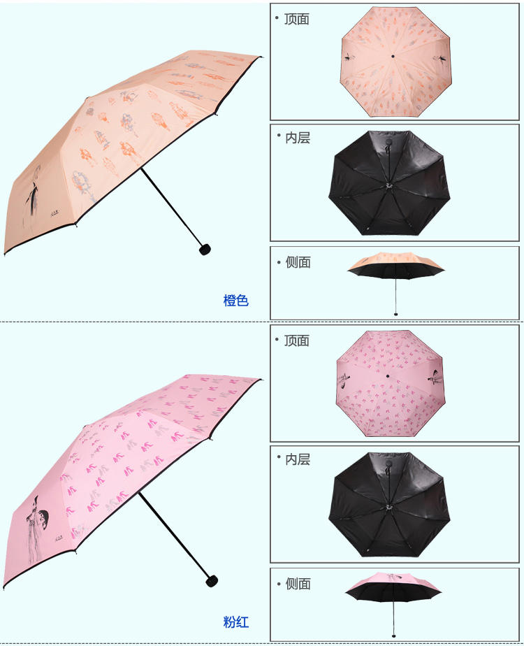 天堂伞 风尚街拍黑胶防紫外线三折黑杆钢骨蘑菇晴雨伞