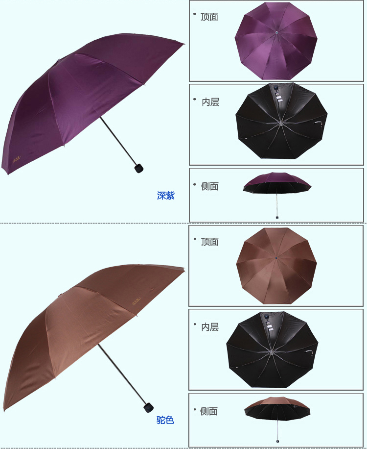 天堂伞 加大加固黑胶三折钢杆钢骨商务晴雨伞太阳伞  33188E