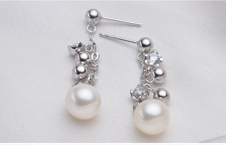 千足珍珠欣悦正圆闪亮柔白光洁8-8.5mm珍珠长款银耳环耳坠