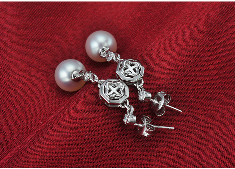 千足珍珠 空棂 8-8.5mm近圆淡水珍珠耳钉耳环坠925银饰品