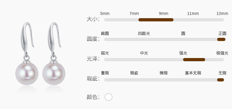 千足珠宝瑜瑛秀气正圆强亮光洁9-9.5mm珍珠925银耳环经典款