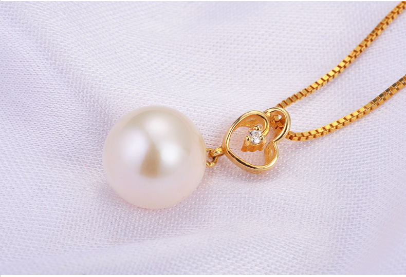 千足珍珠斐心正圆强亮光洁10.5-11mm白色珍珠银吊坠项链