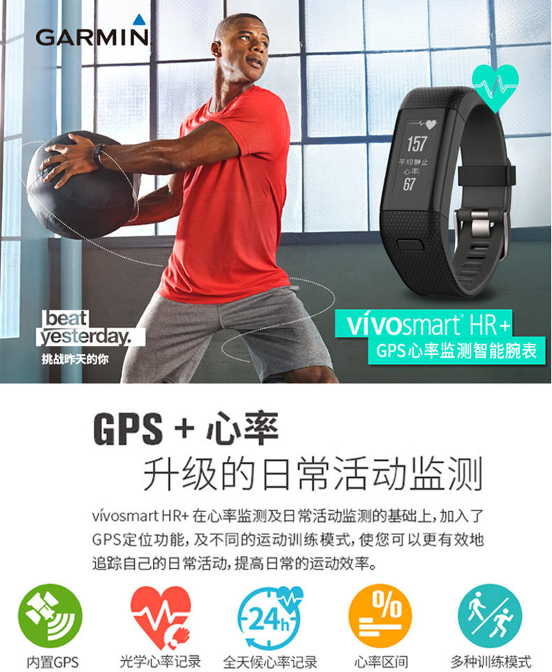 佳明（GARMIN）vivosmart HR+GPS智能心率手环 久坐提醒睡眠检测腕表