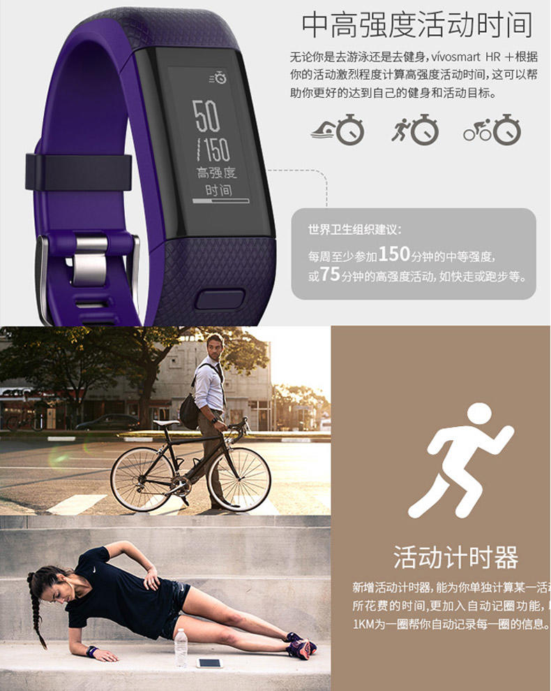 佳明（GARMIN）vivosmart HR+GPS智能心率手环 久坐提醒睡眠检测腕表