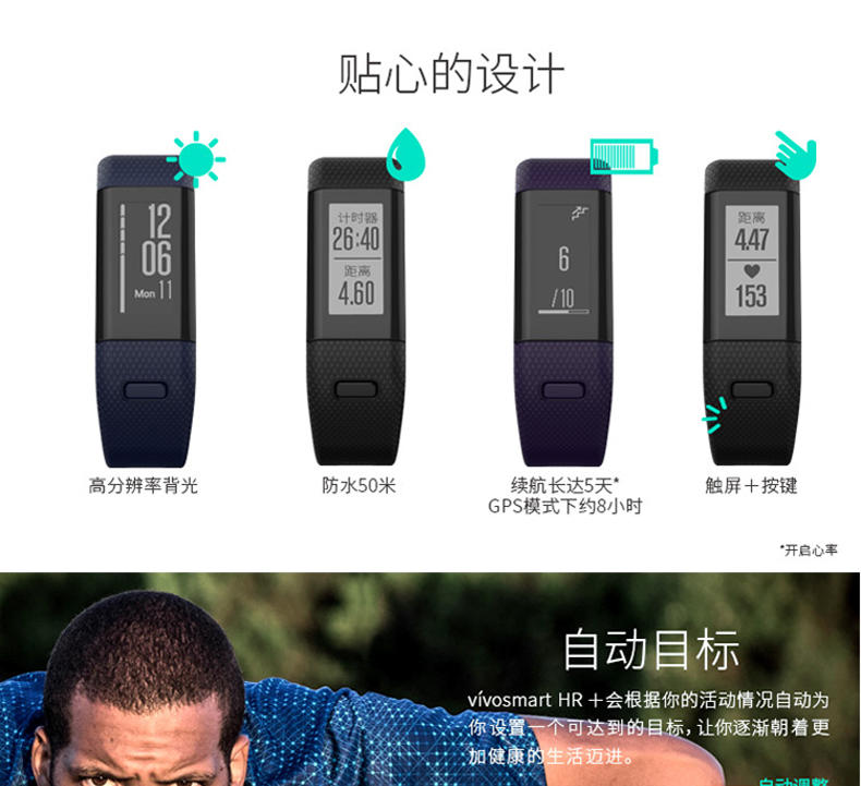 佳明（GARMIN）vivosmart HR+GPS智能心率手环 久坐提醒睡眠检测腕表