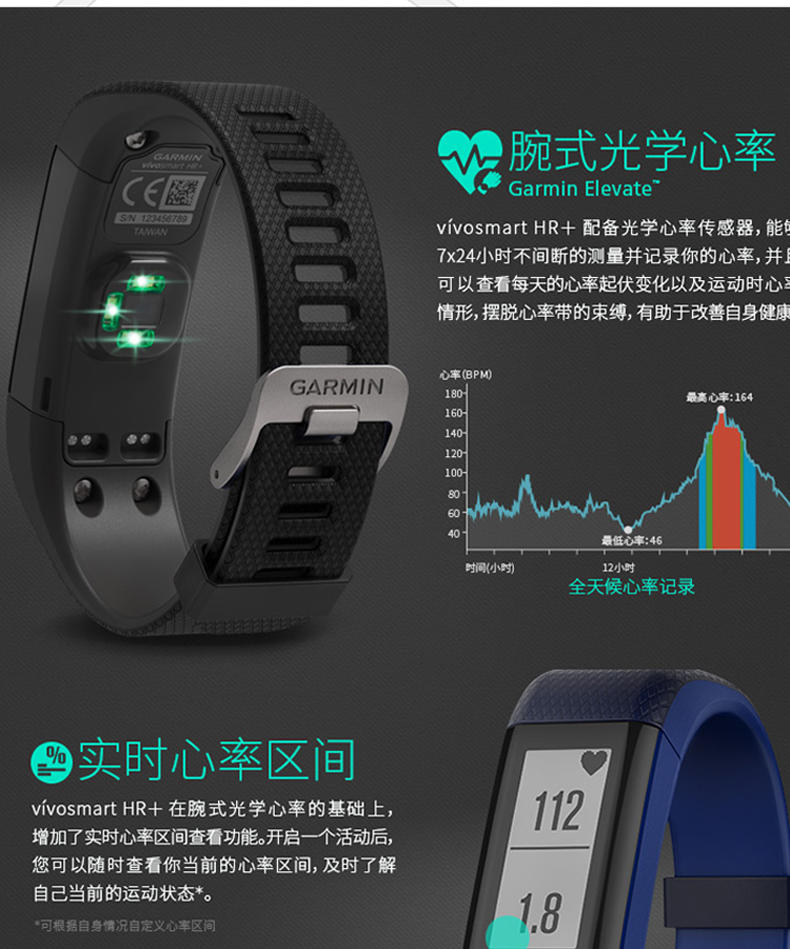 佳明（GARMIN）vivosmart HR+GPS智能心率手环 久坐提醒睡眠检测腕表