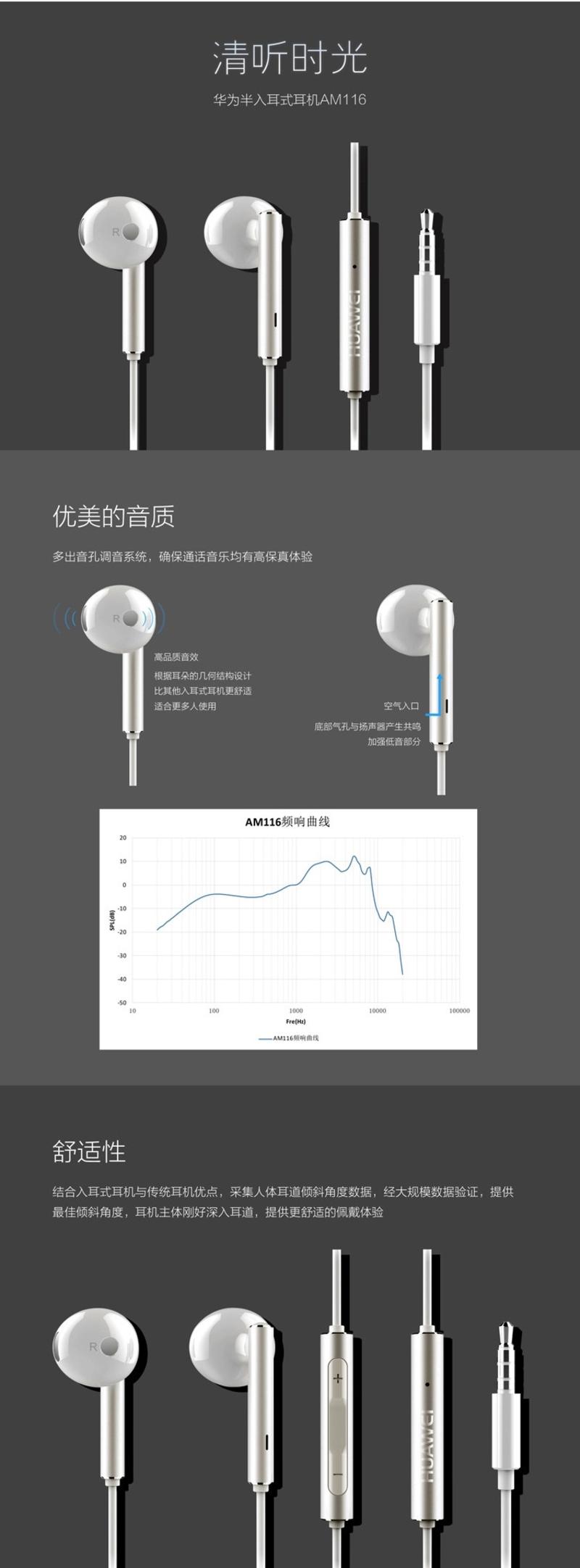 华为 HUAWEI AM116 半入耳式耳机手机线控耳机 音乐耳机30个优惠装