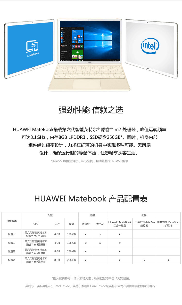 华为MateBook 12英寸平板二合一笔记本(Intel m3 I3 4G内存 128G存储）