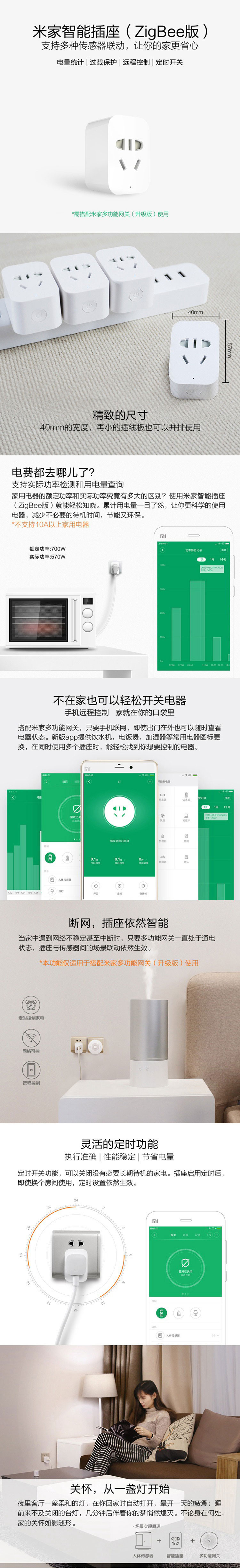 米家（MIJIA）米家智能插座 （ZigBee版） 实际功率检测 耗电量统计 过载保护 定时开关