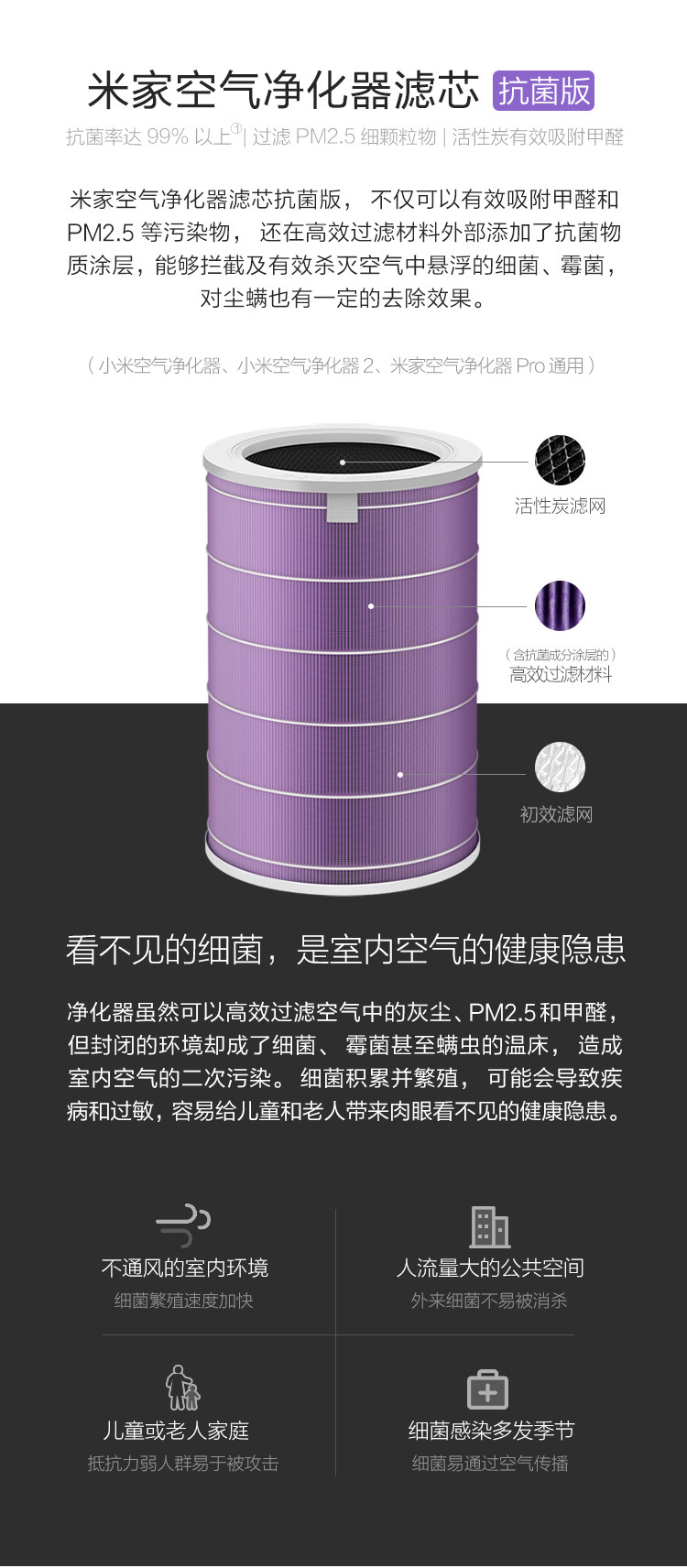 小米 米家 空气净化器滤芯 抗菌版 小米空气净化器、小米空气净化器 2和Pro 通用