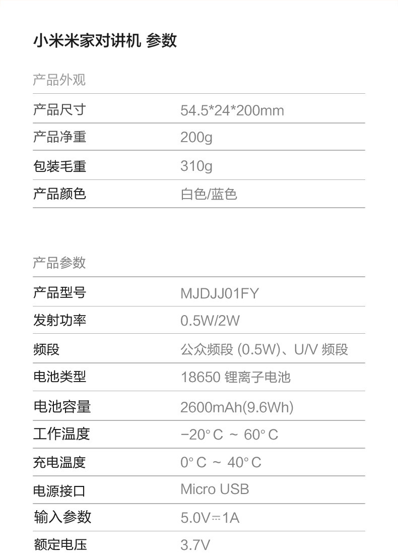 小米/MIUI 小米米家对讲机 蓝色白色 民用迷你手台 位置共享 FM收音机