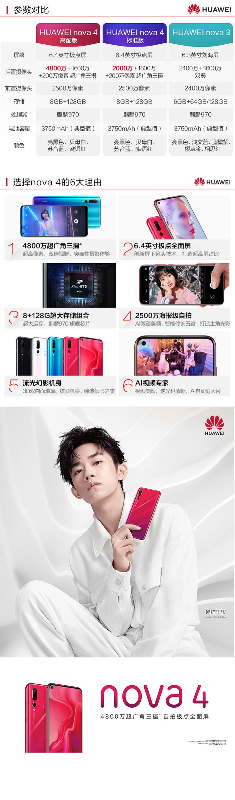 华为/HUAWEI nova4  8GB+128GB 全网通双卡双待 4800万超广角三摄