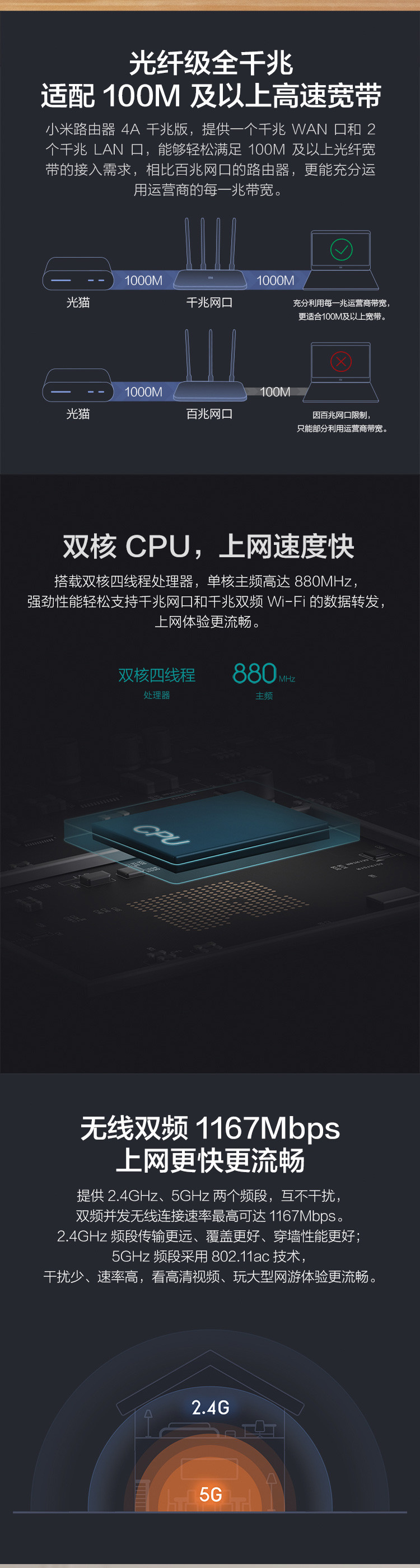 小米/MIUI 小米路由器4A千兆版 双核CPU 全千兆1200M双频无线速率 千兆端口 四天线穿墙