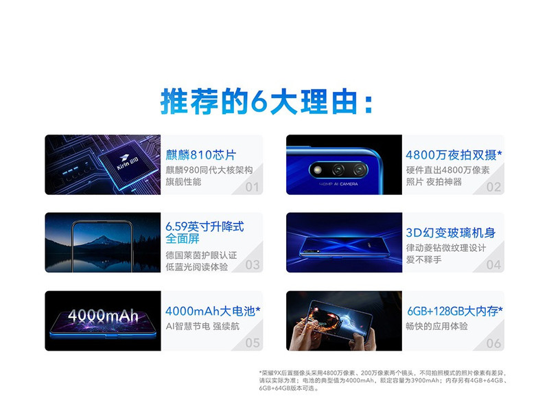 华为/HUAWEI 荣耀9X手机 8GB+128GB全网通手机 6.59英寸升降全面屏 麒麟810