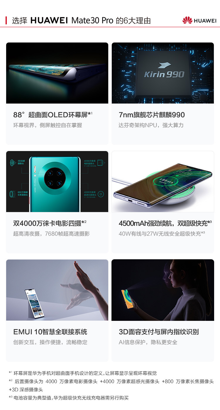 华为/HUAWEI Mate 30 Pro 8+128G 麒麟990环幕屏双4000万徕卡电影四摄