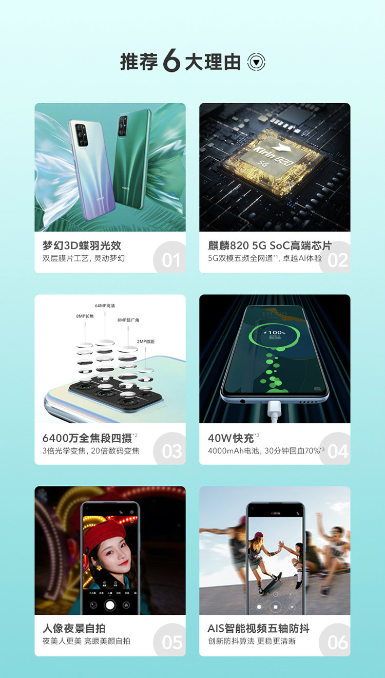华为/HUAWEI 荣耀30S 8GB+256GB 6400万全焦段四摄 5G双模 麒麟820全网通