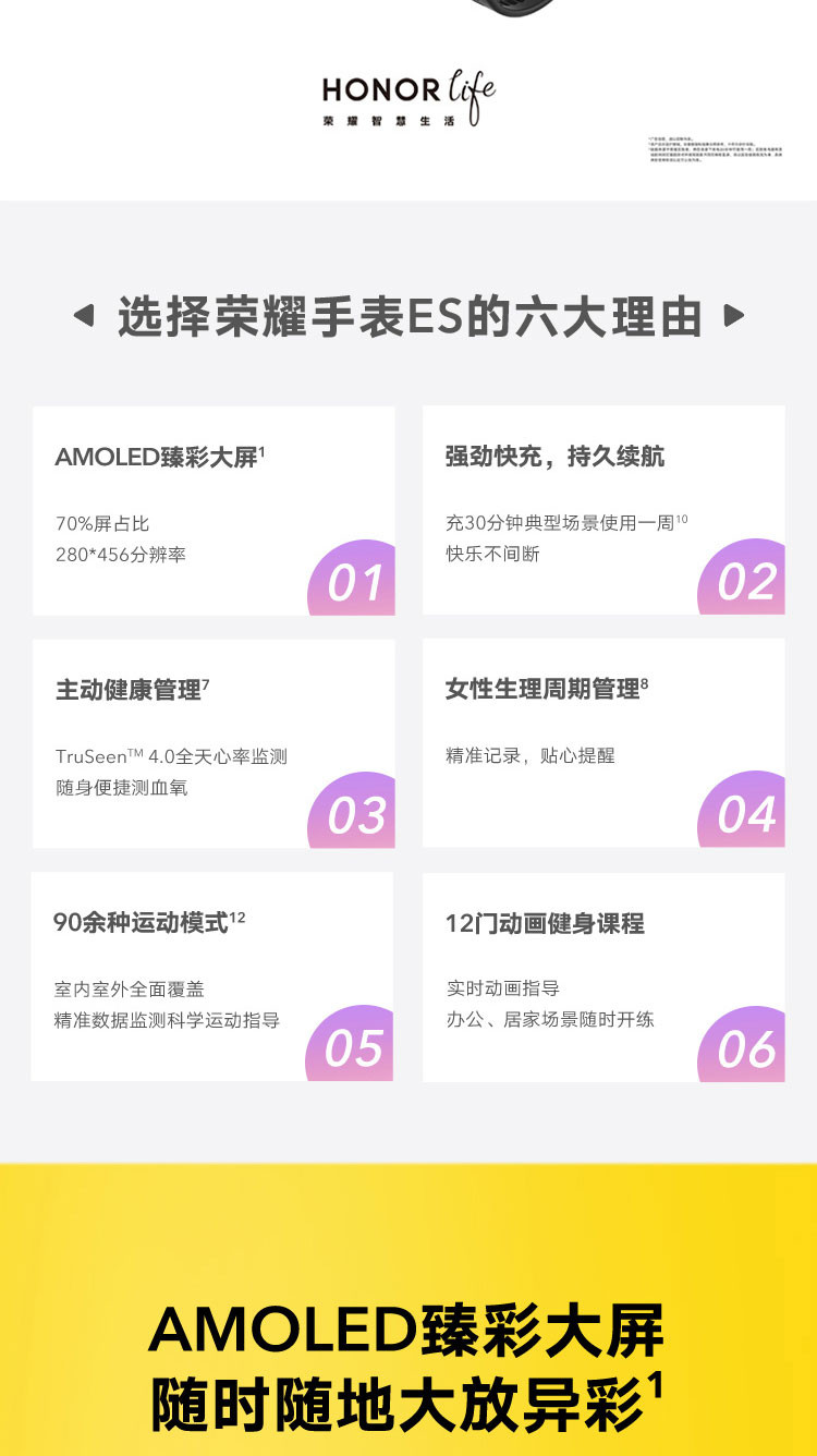 华为/HUAWEI 荣耀手表ES 1.64英寸大屏 10天续航+快充 95种运动模式 50米防水