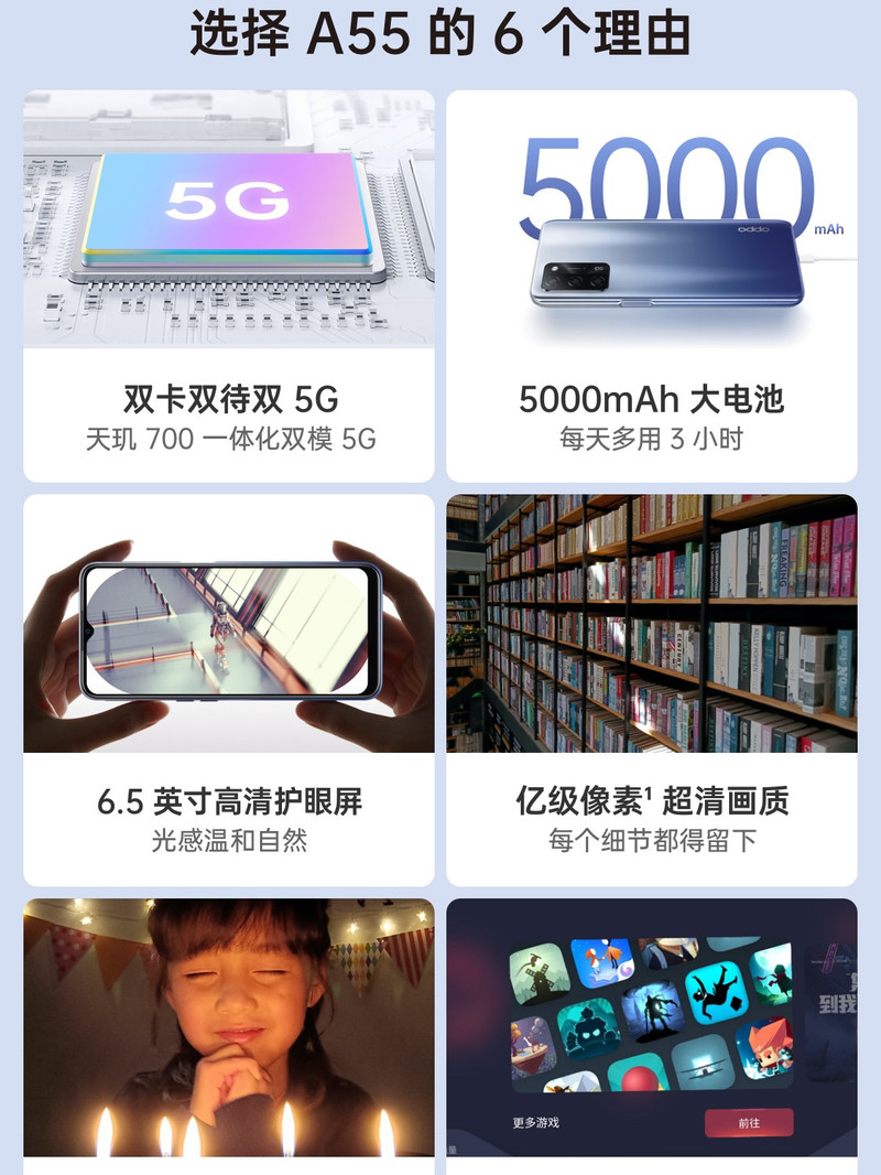 OPPO A55 6+128G 双模5G 超大存储 5000mAh超大电池 长续航 后置AI三摄