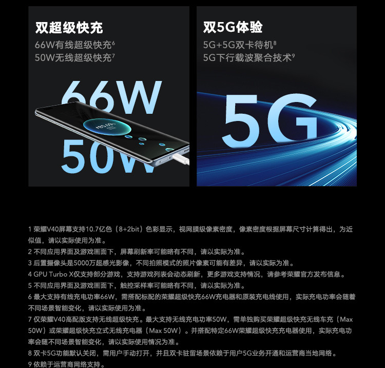荣耀V40 5G 8+128GB超级快充 5000万超感光影像 5G手机 双卡双待