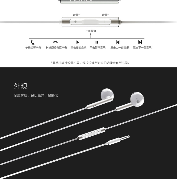 荣耀三键线控 带麦克风 半入耳式耳机 手机耳机 白色  AM116