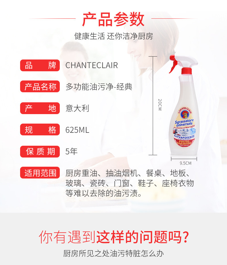 大公鸡管家 CHANTECLAIR 意大利原装进口 厨房重油污清洁剂 油烟机清洗剂 625ml*2瓶