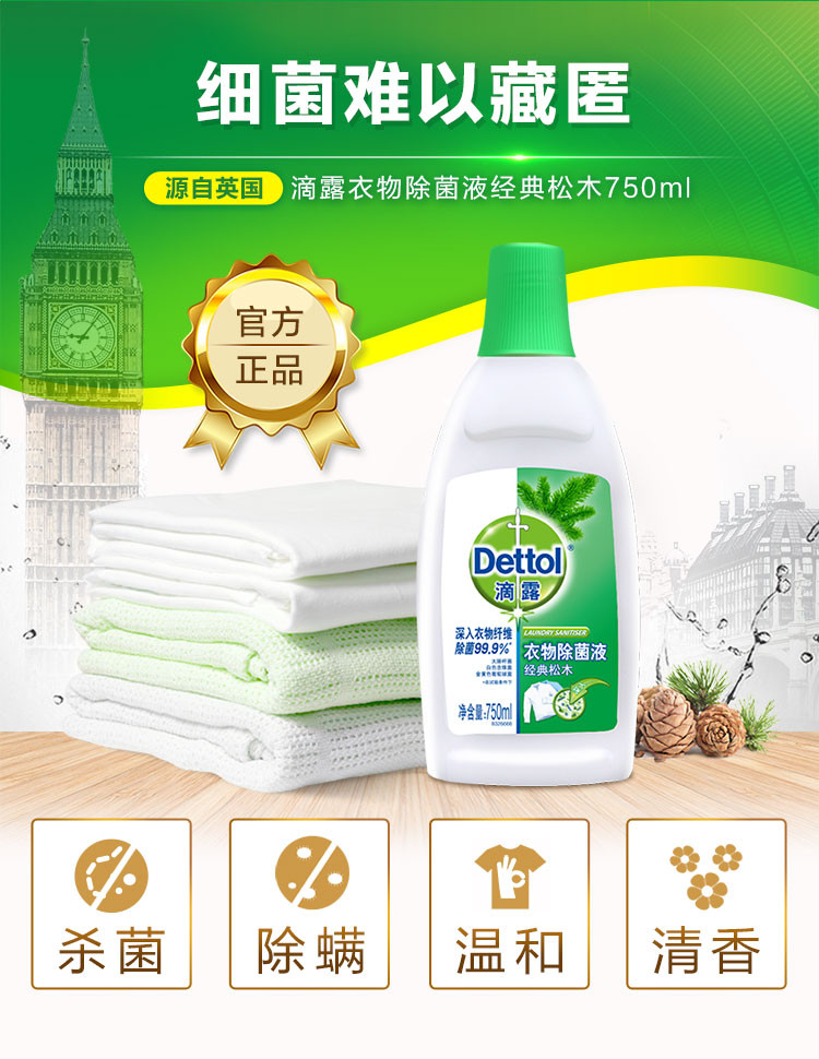 滴露/Dettol 衣物除菌液 经典松木 750ml 高效杀菌除螨 配合洗衣液消毒液使用