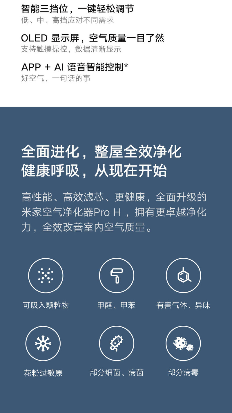 小米/MIUI 空气净化器Pro H 家用除甲醛除菌除二手烟味除异味 轻音设计 AC-M7-SC