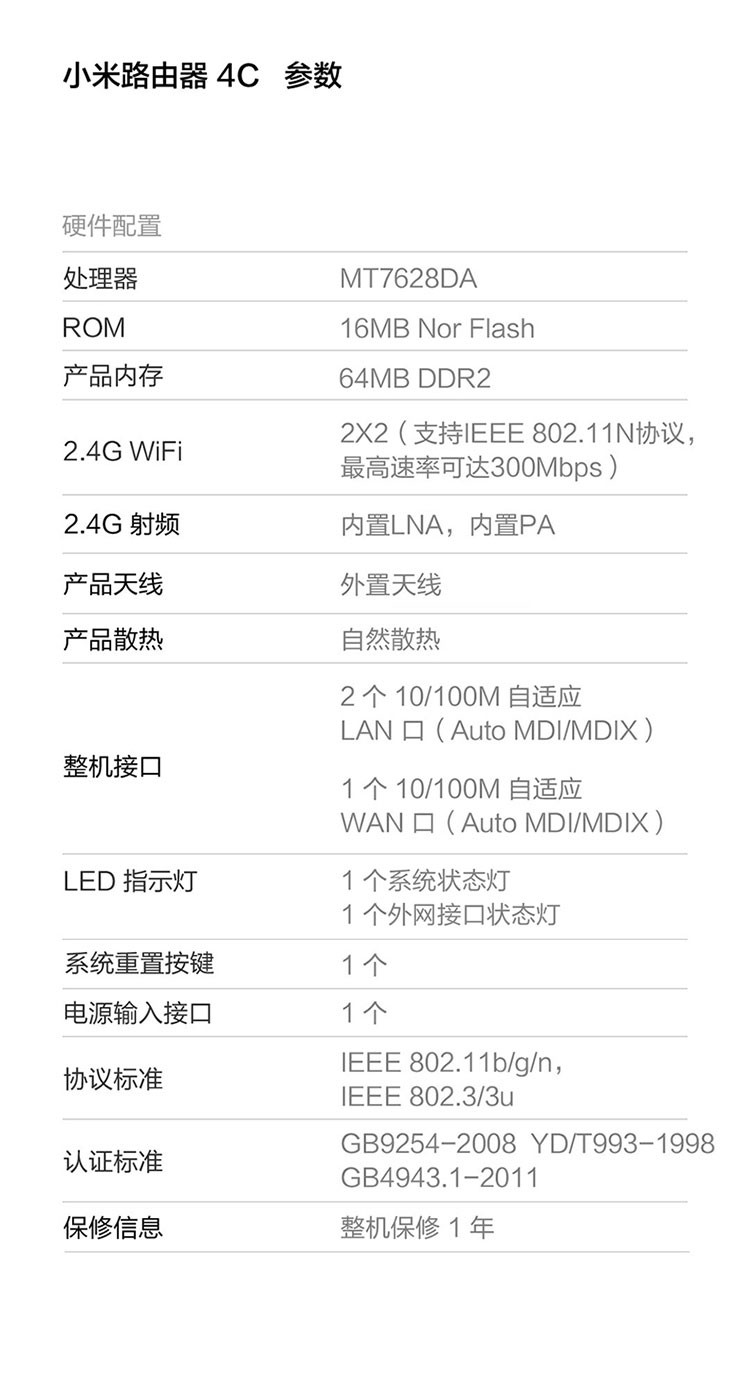 小米/MIUI 小米路由器4C(白色) 300M无线速率 智能家用路由器 安全稳定 WiFi无线穿墙【复制】
