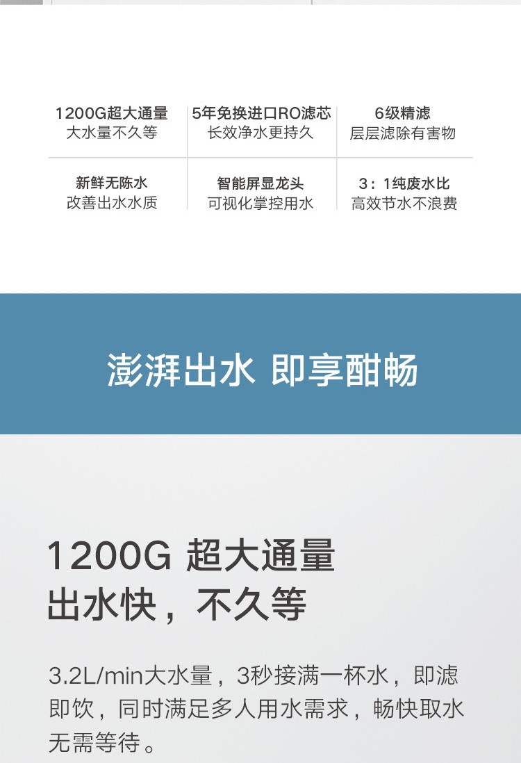 米家净水器家用净水机长效1200G 厨下式直饮机 3秒一杯水 5年长效RO滤芯