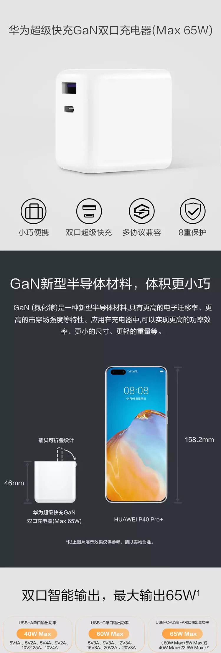 华为/HUAWEI 原装GaN氮化镓线充套装(充电器+C2C数据线)Max 65W超级快充/双口输出