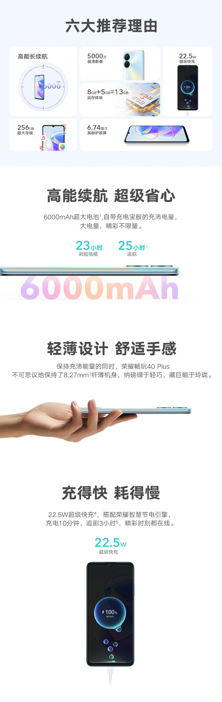 荣耀 畅玩40 Plus  8GB+128G 5000万超清影像 6000mAh大电池 侧边指纹解锁