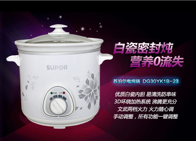 苏泊尔/SUPOR DG30YK1B-23电炖锅白瓷电砂锅炖盅煮粥煲汤锅养生锅