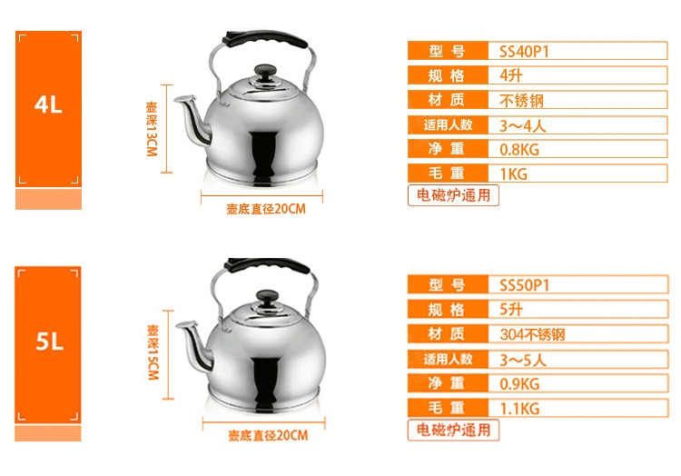 苏泊尔/SUPOR 304不锈钢烧水壶 鸣笛 电磁炉通用大容量 5L-SS50P1