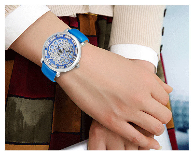 洋湖轩榭 时来运转女士手表时尚潮流水晶手表 皮带石英腕表
