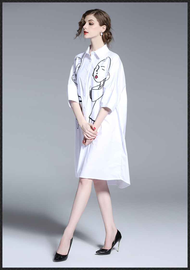 施悦名新款韩版长袖衬衫女半袖特大码女装刺绣衬衣