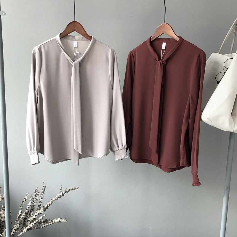 施悦名2018新款衬衫女韩版修身显瘦雪纺系带长袖纯色上衣