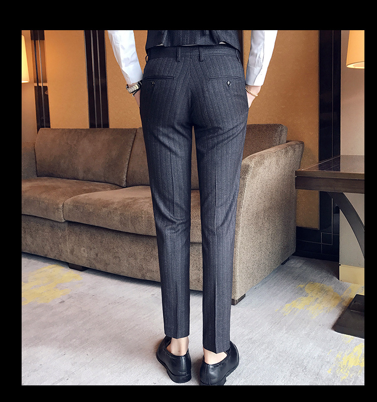 汤河之家2018春季新款西服男士英伦修身马甲暗条纹长裤三件套装